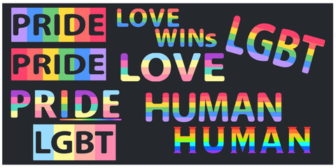 Group of rainbow pride words,LGBT,Human,Love wins, concert typography. Vector illustration. 