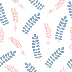 Fototapeta na wymiar Seamless pattern with hand drawn cute colorful plant elements, twigs, flowers, grass on a white background. Doodle, simple flat illustration. It can be used for decoration of textile, paper.