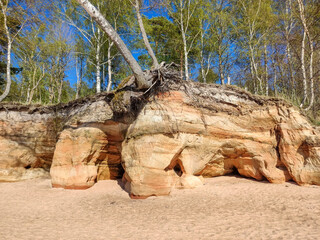 Veczemju Klintis, Veczemju Cliffs on Baltic Sea Near Tuja, Latvia. Beautiful Sea Shore With Limestone and Sand Caves. Calm, Relaxing, Meditation Nature. Concept of Romantic Evening and Holidays