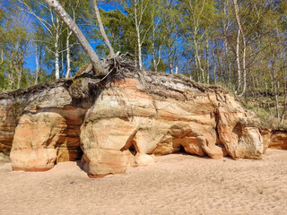 Veczemju Klintis, Veczemju Cliffs on Baltic Sea Near Tuja, Latvia. Beautiful Sea Shore With Limestone and Sand Caves. Calm, Relaxing, Meditation Nature. Concept of Romantic Evening and Holidays