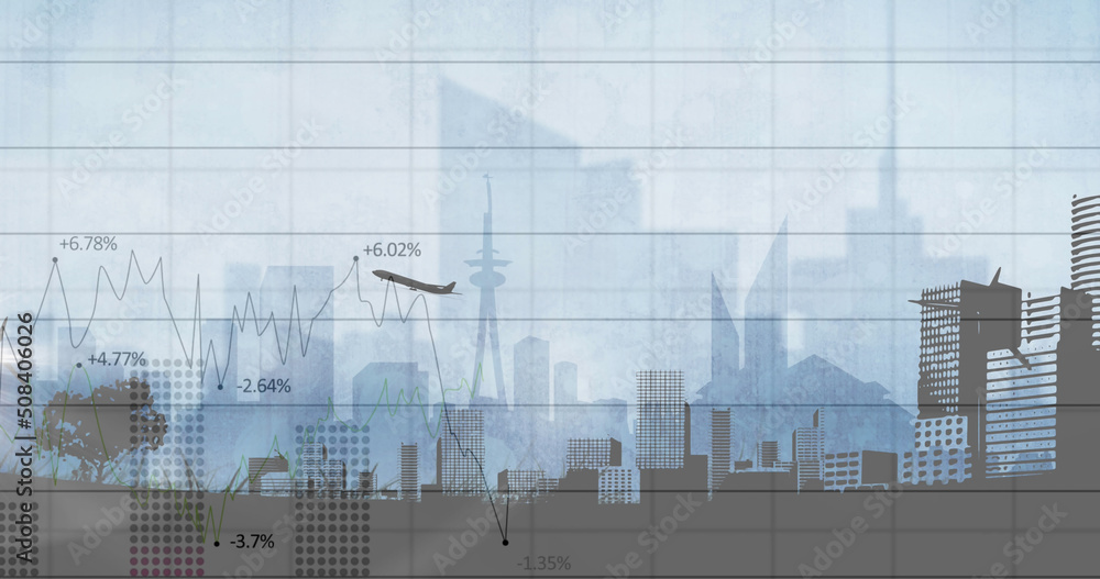Aufkleber image of statistics and data processing over airplane taking off and cityscape