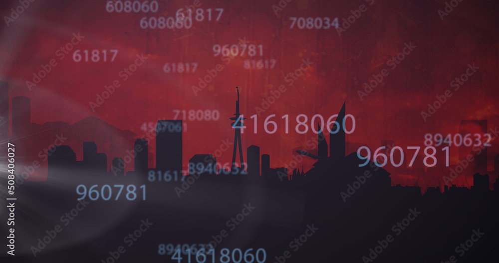 Aufkleber image of numbers processing over airplane taking off and cityscape on red background