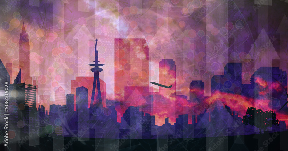 Poster image of numbers processing over airplane taking off and cityscape and arrows in background