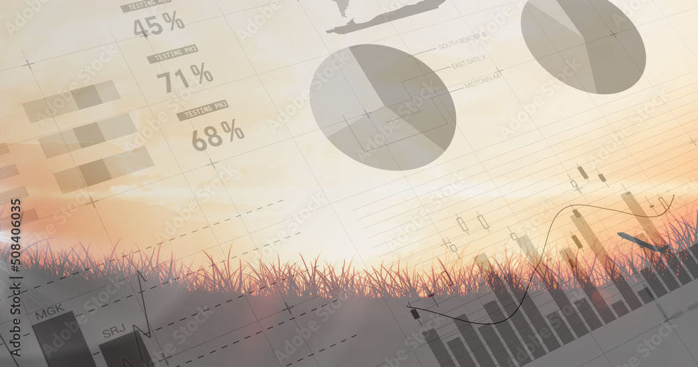 Poster image of statistics and data processing over airplane taking off and field