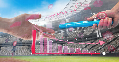 Coronavirus statistical data processing against hand passing a baton against sports stadium