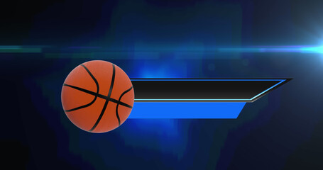 Image of basketball moving with black and blue banners on blue background with pulsing light