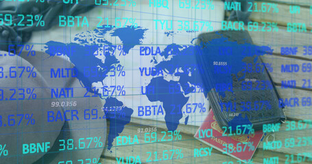 Digital composite image of blue world map with stock market data processing against wallet, passport