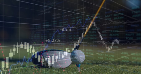 Financial data processing over man playing golf.