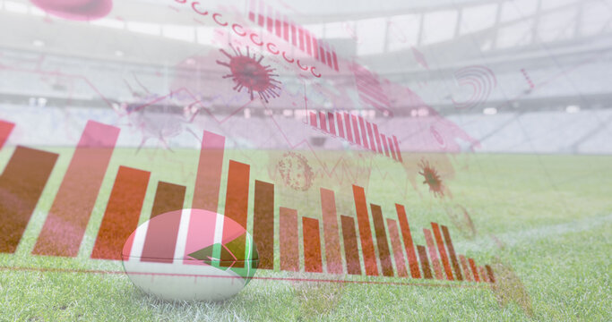 Coronavirus digital interface against rugby ball in sports stadium