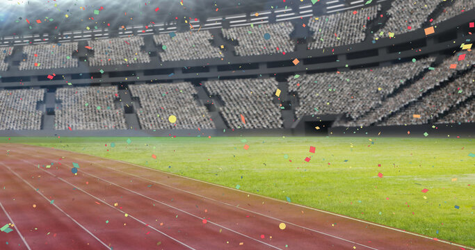 Image of confetti falling over sports stadium