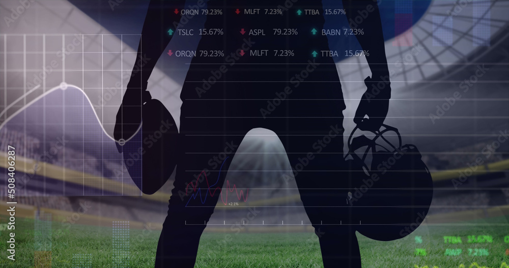 Poster image of graphs and data processing over midsection of american football player at stadium