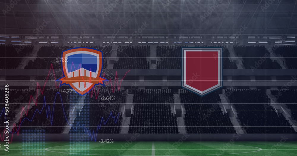 Poster image of team emblems with graphs and data processing over sports stadium