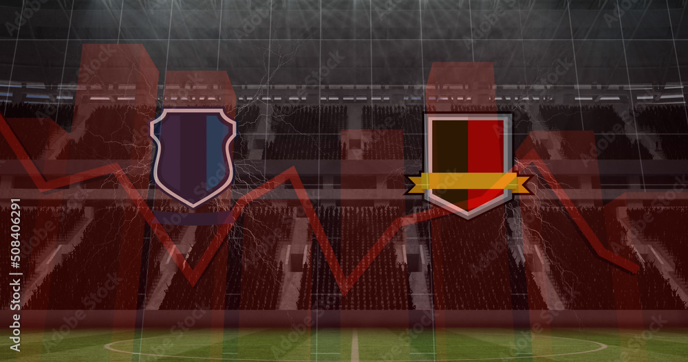 Poster image of team emblems with graphs and data processing over sports stadium