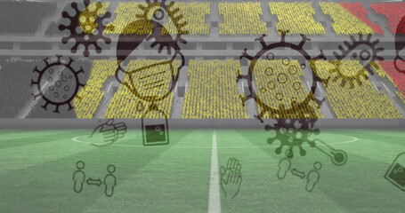 Image of covid 19 icons over belgian flag in empty spots stadium