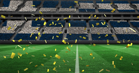 Naklejka premium Digital image of golden confetti falling against sports stadium in background