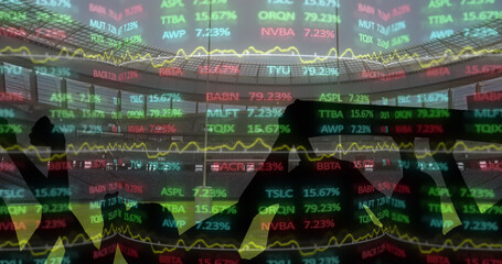 Image of data processing on interface over sports fans at stadium