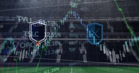 Image of team emblems with graphs and data processing over sports stadium