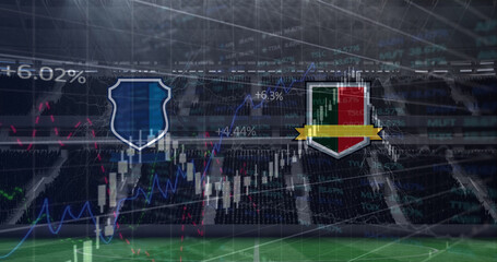 Image of team emblems with graphs and data processing over sports stadium