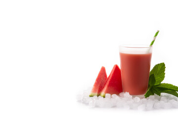 Fresh watermelon juice with ice isolated on white background. Copy space