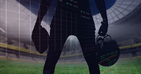 Image of graphs and data processing over midsection of american football player at sport stadium