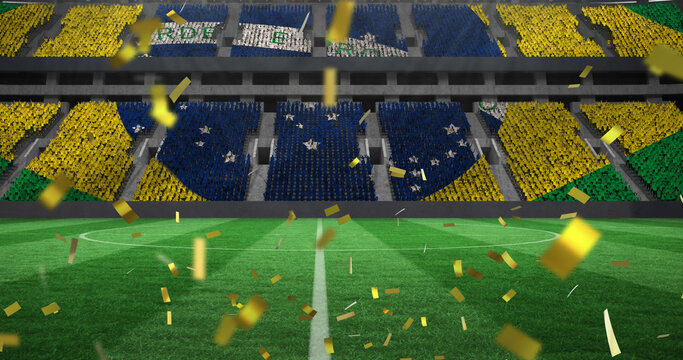 Image of confetti falling over brazilian flag in empty sports stadium - Powered by Adobe