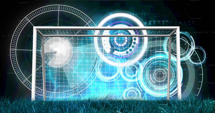 Image of scopes scanning and data processing over football goal in sports stadium