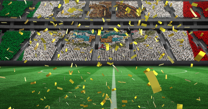 Image of confetti falling over mexican flag in empty sports stadium - Powered by Adobe