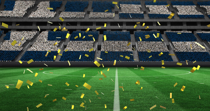 Digital image of golden confetti falling against sports stadium in background