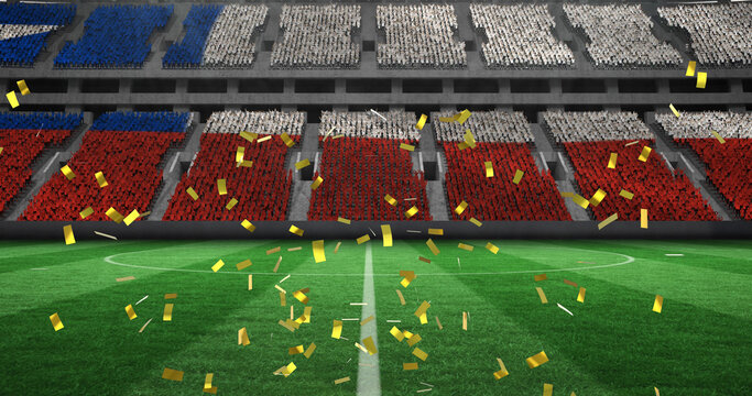 Image of confetti falling over chilean flag in empty sports stadium - Powered by Adobe