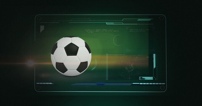 Image of data processing over football on black background