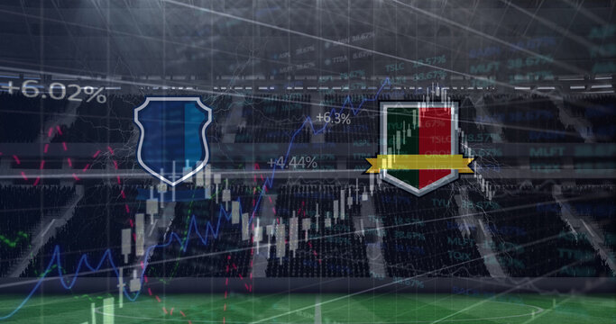 Image of team emblems with graphs and data processing over sports stadium - Powered by Adobe