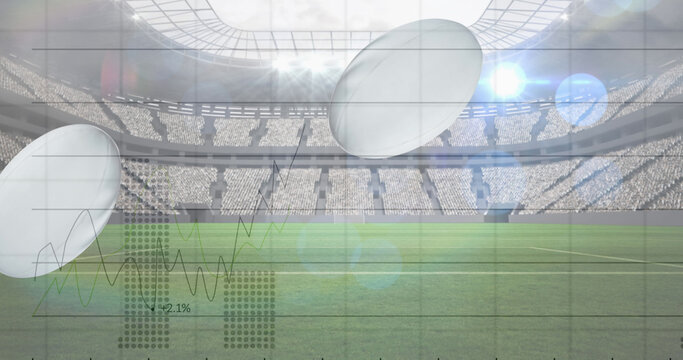 Image of falling rugby balls with graphs and data processing over sports stadium