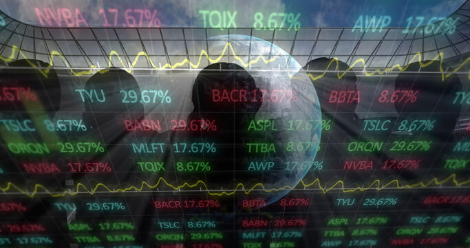 Image of graphs and data processing with globe, over spectators at sports stadium