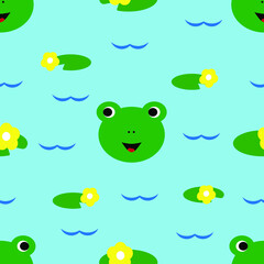 Vector seamless pattern with cartoon frogs and yellow flowers