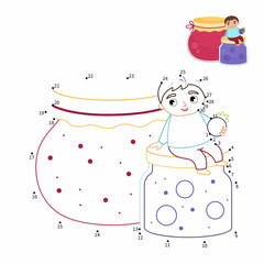 Fototapeta premium Educational game for kids. Dot to dot game for children. A cute boy sits on a jar of jam. 