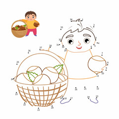 Educational game for kids. Dot to dot game for children. Cute boy with a basket of nuts.
