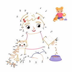 Educational game for kids. Dot to dot game for children. A cute girl is feeding a ginger cat.
