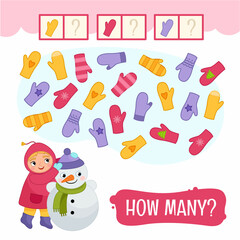 Counting educational children game, math kids activity sheet. How many objects task. Count how many mittens are pink, purple and yellow.
