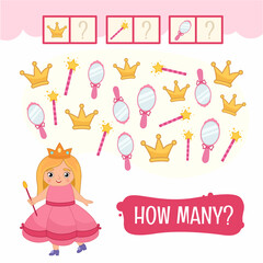 Counting educational children game, math kids activity sheet. How many objects task. Cute little girl dressed as a princess.

