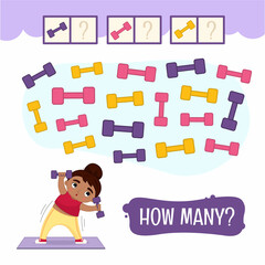 Counting educational children game, math kids activity sheet. How many objects task. Cute cartoon girl doing fitness.
