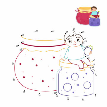 Educational game for kids. Dot to dot game for children. A cute boy sits on a jar of jam.
