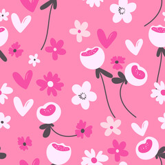 Seamless floral pattern based on traditional folk art ornaments. Colorful flowers on color background. Scandinavian style. Sweden nordic style. Vector illustration. Simple minimalistic pattern