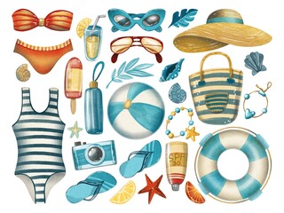 Hand Drawing Pastels Set of Summer Beach stuff. Swimsuits, ice cream, inflatable ball, lifeline and others. Use for stickers, print, pattern, design, icon.