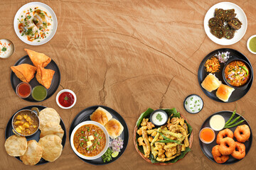 Assorted Indian snack dishes. Samosa, Pav Bhaji, Puri bhaji, Medu vada, Misal Pav, Pakode, Chakli, Sabudana vada, Alu vadi, Aloo tikki, Dahi Vada, Bhujiya. Vegetarian food banner. Copy Space Fast food