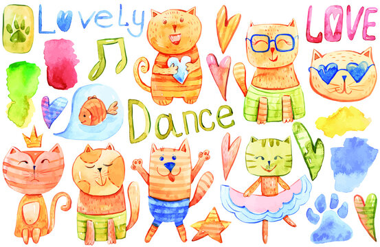 Cute lovely watercolor cartoon dancing cats clipart. Vector illustration set for kids stickers, patterns, prints, posters