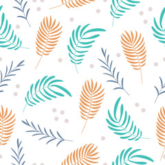 Fototapeta na wymiar Seamless pattern with hand drawn cute colorful plant elements, twigs, flowers, grass on a white background. Doodle, simple flat illustration. It can be used for decoration of textile, paper.