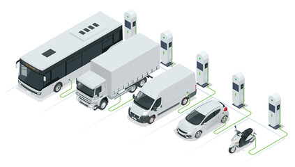 Fototapeta Isometric Car charger. Electromobile charging station. Car, bus, truck, van, motorcycle, on renewable solar wind energy in network grid. obraz