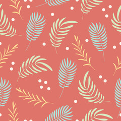 Seamless pattern with hand drawn cute colorful plant elements, twigs, flowers, grass on a red background. Doodle, simple flat illustration. It can be used for decoration of textile, paper.