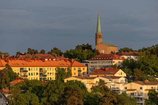 Stockholm, Sweden The skyline over the Stora Essingen island in the city and the Essinge church.