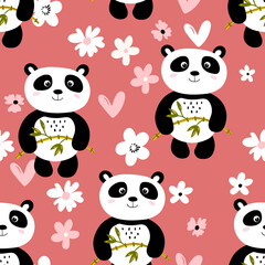 Obraz premium Seamless pattern with cute panda baby on color background. Funny asian animals. Card, postcards for kids. Flat vector illustration for fabric, textile, wallpaper, poster, gift wrapping paper